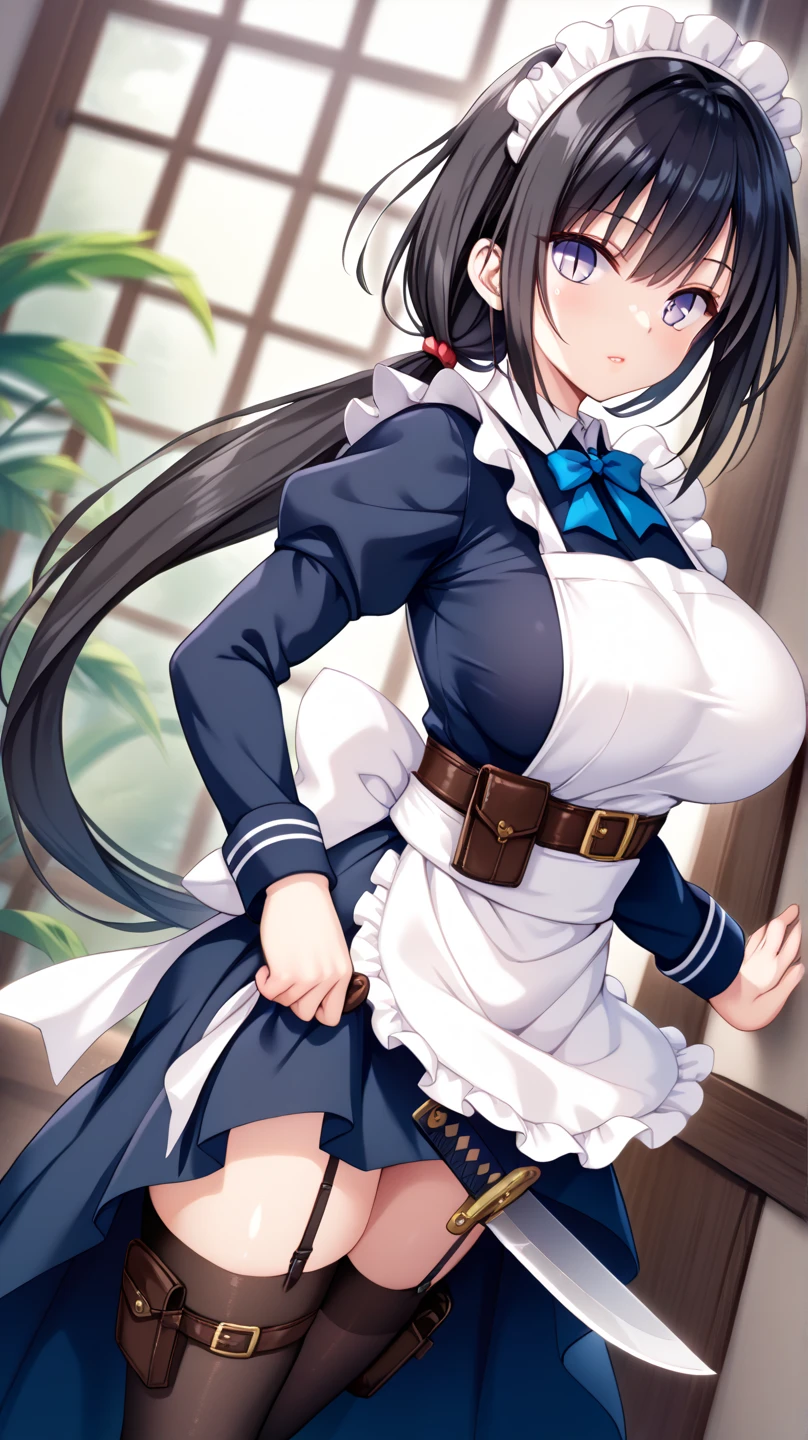  masterpiece , One Assassin, Maid Chief ,　Short sword in hand :1.5 ,(( navy blue fabric accented with white fabric on the collar and hem, making it plain and less revealing:1.4)),(( tight long skirt with slits :1.4)), Long Sleeve ,White salon apron ,(( black garter belt and black knee-high tights:1.2)),Height: 170cm, beautiful body line ,Big Breasts,(( black hair, low ponytail:1.4)),, Beautiful, and Cool Faced Woman with Light Purple Eyes, beautiful model standing,View from above at an angle,((leg knife holster visible through the slit:1.4))