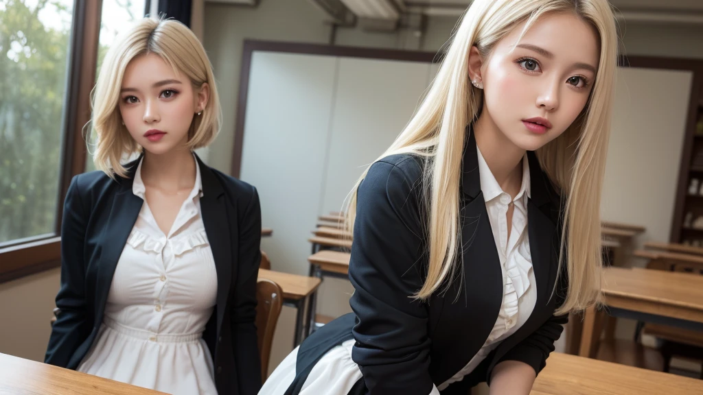 absurdres, blush, (realistic:1.5), (masterpiece, Extremely detailed CG unity 8k wallpaper, best quality, highres:1.2), (ultra_detailed, UHD:1.2), perfect illumination, distinct, (2girl:1.4), looking at viewer, unreal engine, sidelighting, perfect face, detailed face, perfect body, beautiful eyes, pretty face, (bright skin:1.4), idol, (abs), ulzzang-6500-v1.1,,((narrow waist)),((blonde hair)),<lora:pang3pong_v2:0.5>, <lora:mahalaiuniform-000001:0.8>,MAHALAIUNIFORM,(((WHITE SHIRT SHORT SLEEVES))),((BLACK polished PENCIL SKIRT)),((BLACK PLEATED SKIRT)),((in the classroom)),(choker),((white shirt short sleeves )),((black pencil skirt)),(belt),(Full body:1.4),((bangs)),((glasses)),sharp eyes,peck the corners of the mouth,<lora:HugeASS:0.4>,silver earrings,silver wrist watch,((medium breast)),((sitting on the table)),hands in hair