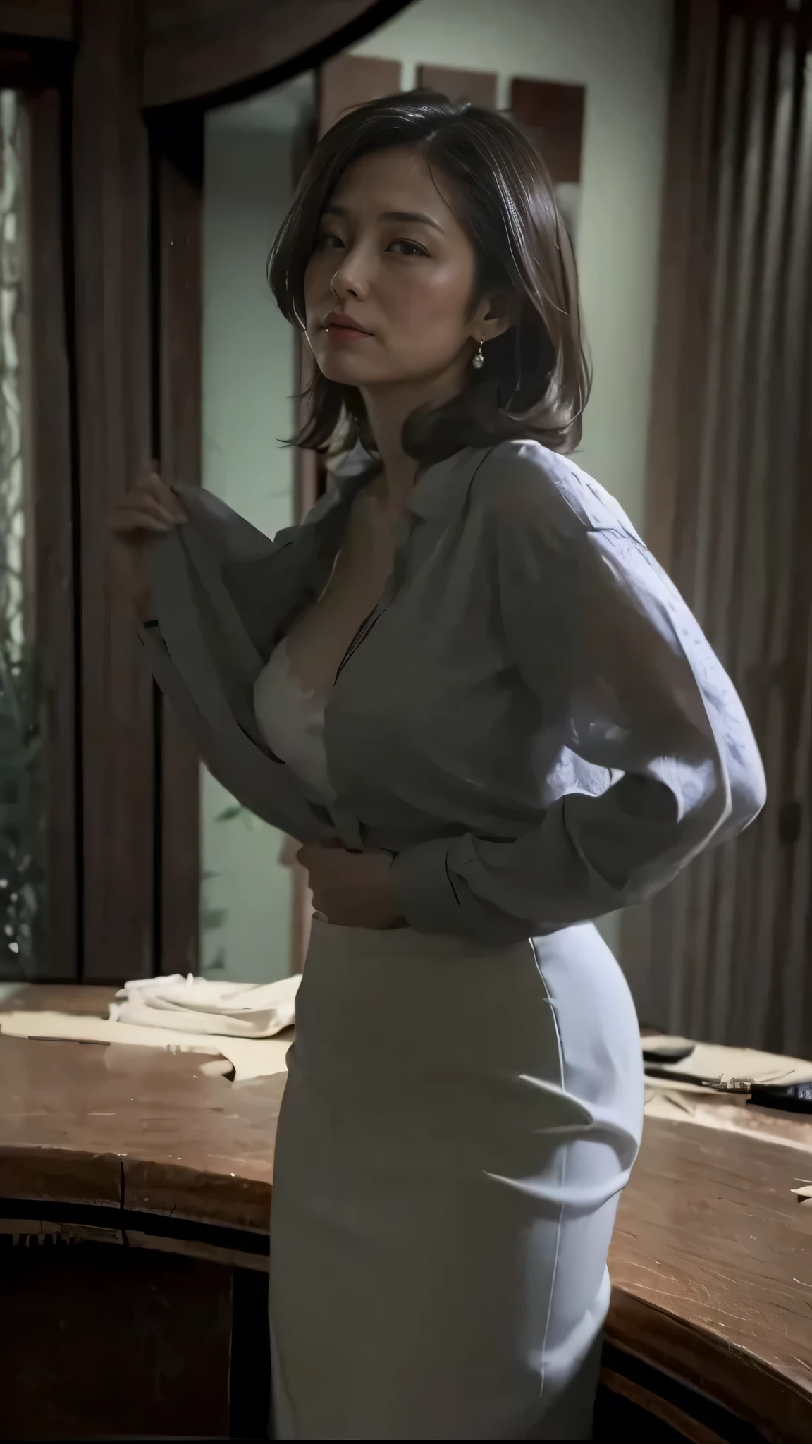  30 year old Japanese woman, She appears to be unbuttoning and taking off her silk printed blouse.,He is staring at the man standing at the entrance of the room and has a provocative expression, A white silk camisole with a loose neckline exposing her cleavage.,A tight skirt clinging to the lower half of her body., A woman leaning with her buttocks on a table in a dimly lit reception room., Her hair, back and buttocks are shining in the backlight.,超 High Quality , masterpiece, ultra  high definition , (Realistic: 1.4),  very detailed CG Unity 8k wallpaper, It&#39;s detailed and complex,  original ,  high definition ,  RAW photos , ( Completate), Delicate and complex,  DSLR ,  soft lighting,  High Quality ,  film particles ,  depth of field, Leica Camera, 50mm lens, Backlight,  high definition ,  surreal, Color Grade,  dynamic poses , Portraiture,