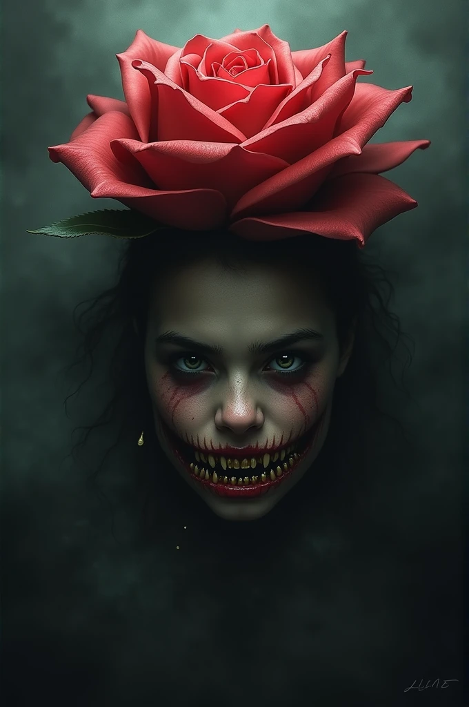 cute zombie with green skin and red eyes in wedding dress holds heart in her hands, smile, blood, ruins on the background, masterpiece, high quality