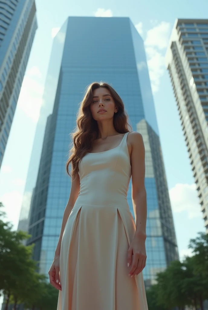 ((Best quality)), ((masterpiece)), ((realistic)), capture a stunning image of a stylish woman confidently sashaying along a modern city street. She exudes a captivating allure that commands the attention of all who witness her presence. Picture her wearing a glamorous deep V-neck white gown that accentuates her curves and radiates sensuality. The dress reveals her bare back, adding an element of allure as it faces the camera. Set the scene against the backdrop of towering high-rise buildings, representing the vibrant energy of the bustling urban metropolis. Let the urban glow and the soft illumination of streetlights create a captivating ambiance that enhances the scene's allure. Whether through photography or fashion illustration techniques, capture this contemporary urban moment with finesse. Embrace a color scheme that creates a striking contrast between the woman's white dress and the urban colors of the cityscape, elevating the sensual and captivating qualities of the composition. Let the artwork celebrate the fusion of fashion, modernity, and the woman's confident and alluring presence as she gracefully moves through the dynamic city streets