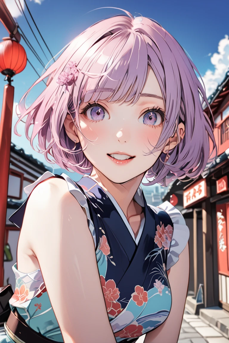   masterpiece  ,  Great Quality ,  top quality,  high definition , 4K, 8k, 超 high definition , 
 Ukiyo-e painting style ,A world of pastel colors,
1girl, miniskirt,  perfect eye details , Tourist city , face up,Mischievous expression、 short hair
