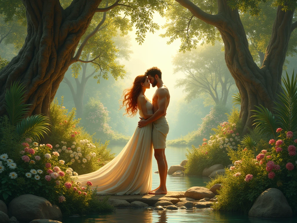 Eve and Adam in Eden in the forest