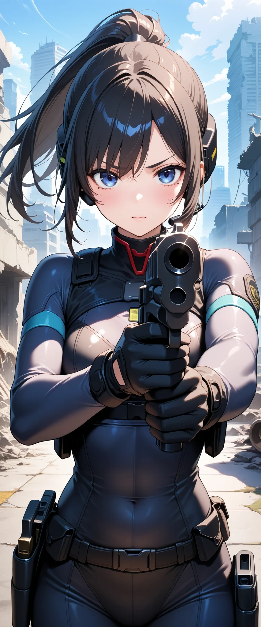  one woman,  Future female SWAT team members  ,(  grab a gun and aim here :1.6),( Gun barrel closeup  :1.6),  very fitted black tactical bodysuit , tactical headset, tactical holster ,Tactical Gloves ,break(Serious), ponytail, black hair,  beautiful face,   beautiful eyes ,   beautiful eyes , very detailed face ,  beautiful body,The ruins of a futuristic city are in the background  ,  Cyberpunk,Beautiful female arms, detailed hands ,( Dynamic:1.6)