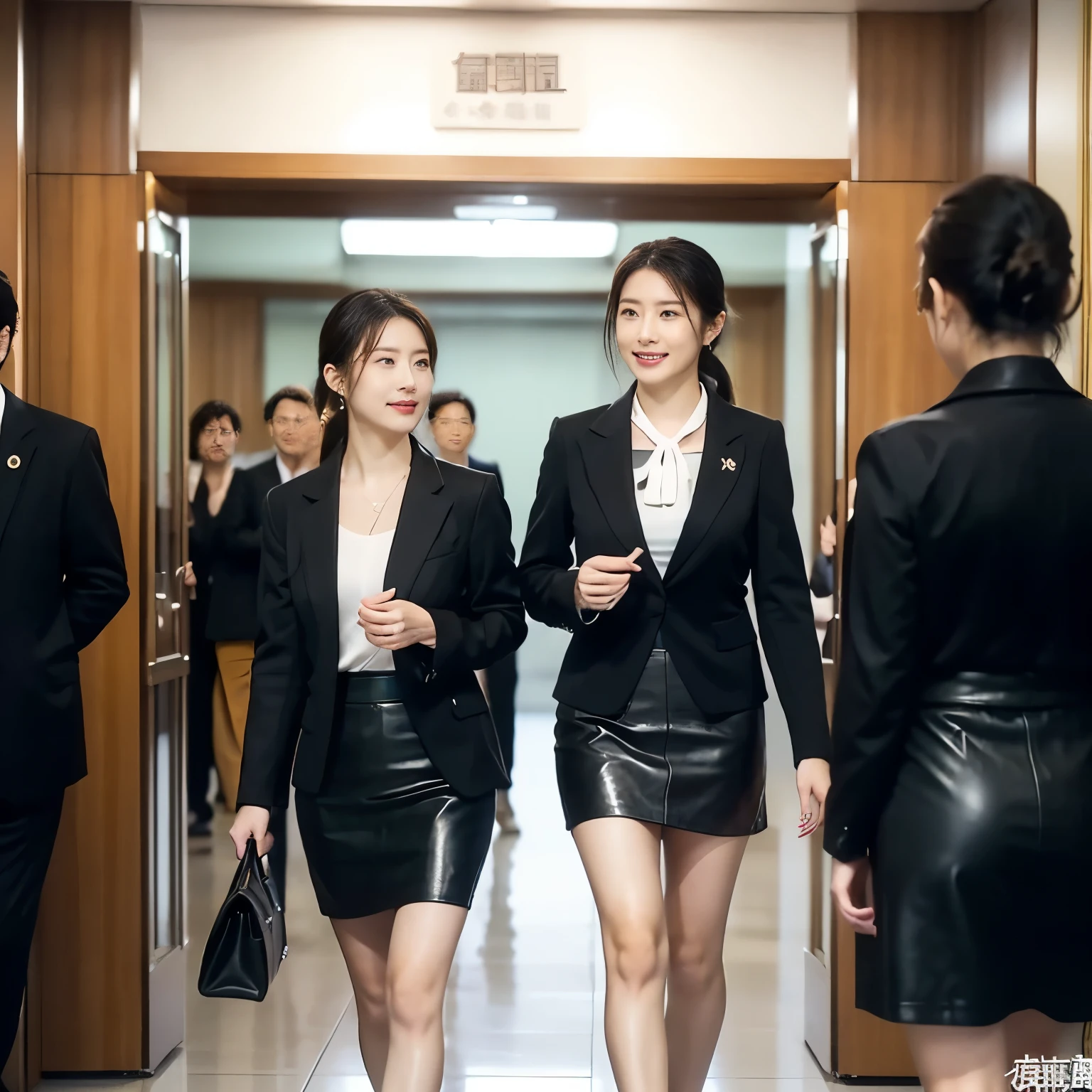 woman in a black cloth business suit、Skirt-only leather 。This is inside the old city council building。((PR magazine cover))。Original photo。 conference hall entrance floor 。An elderly Japanese male mayor is walking in the back 。Many people coming and going々。dark blue blurry z - jacket。((若い女性職員全員が黒いLeather micro skirt を着ている))。((女性職員は布のビジネスブレザー jacketを着ている))。(( Extremely Short Leather Miniskirt ))。(多数のブレザー jacketを着た若い女性職員たち)。Entrance to Congress Hall 。((white satin ribbon tie blouse))。high resolution, masterpiece. perfect anatomy, perfect perspective, (((全員が太腿を全て露出した極端に短いLeather micro skirt を穿いた若い女性職員たちの集団)))。((( beautiful legs)))。Large parliament building aisle 。( Many Young Women and Older Male Legislators )。 a large group of women wearing azabu business suits walks out through a wide door at the entrance to the parliament hall 。All of the female employees with black hair with short hair sticking out of their ears 。low back bun hair, (((スカートは極端に短いleather micro mini skirt。スカートは極端に短いleather micro mini skirt。leather micro mini skirt)))。Large ceiling 。(( make room for the title above the person ))。extremely short micro miniskirt。(( 太腿を全て露出した極端に短いLeather micro skirt を穿いた若い女性職員たちの集団が議場から出てくる))。Skirt with all thighs exposed up to the top 。(((女性職員は全員がLeather micro skirt )))。Leather micro skirt . smile。 white panties can be glimpsed from the hem of the short skirt 。灰色のビジネスブレザー jacket