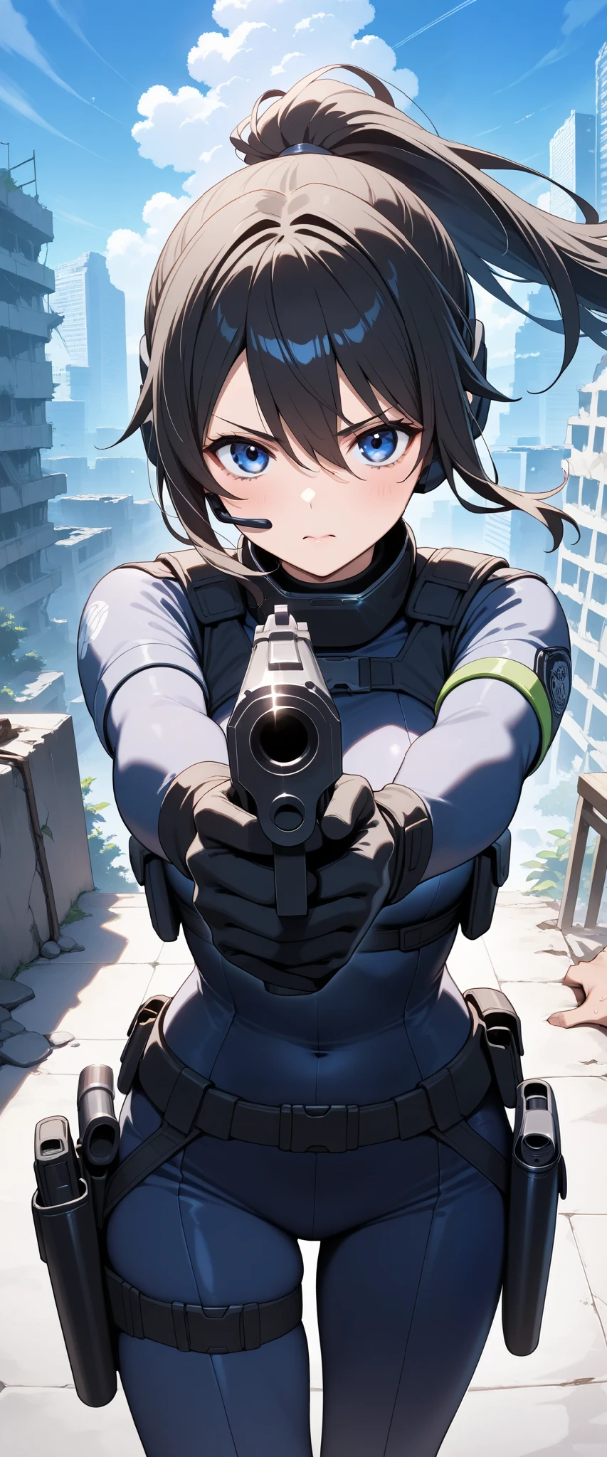  one woman,  Future female SWAT team members  ,(  grab a gun and aim here :1.6),( Gun barrel closeup  :1.6),  very fitted black tactical bodysuit , tactical headset, tactical holster ,Tactical Gloves ,break(Serious), ponytail, black hair,  beautiful face,   beautiful eyes ,   beautiful eyes , very detailed face ,  beautiful body,The ruins of a futuristic city are in the background  ,  Cyberpunk,Beautiful female arms, detailed hands ,( Dynamic:1.6)