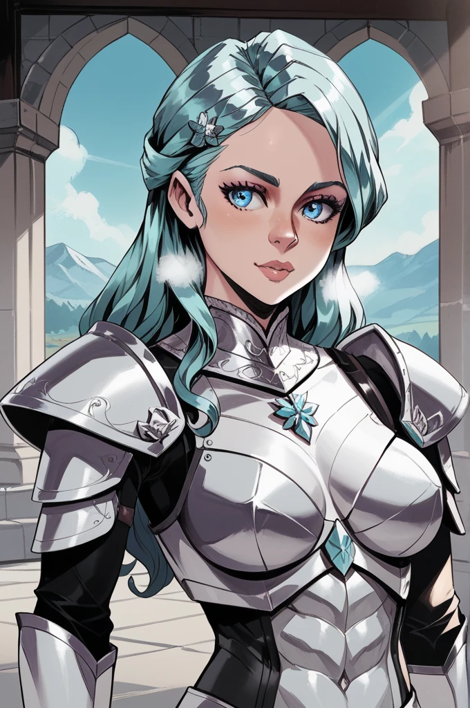 draconiano, high, Muscular,  long hair , seeds, metallic silver color ,  shimmering silver scales ,  light blue eyes ,  with simple silver medieval armor with blue details, Pose Noble,  on an icy mountain with Northern Lights in the sky . High resolution ,  masterpiece , 1 , breasts, toys,  heavy breathing ,  Large screen format,  hair clip,  diffracted rays,  anime style ,  Cinematic, 