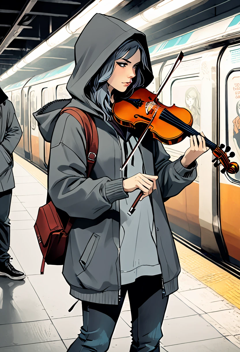 (graphic novel style, dark novel style, 2d:1.5),(anime), (masterpiece:1.4), (colourful, soft cinematic light:1.1), incredibly lifelike, Extremely high-resolution details, 8k, best quality,extremely detailed, contrast, colorful, 
subway, man, underground,
a musician in a hood and without a face sits and plays the violin, wearing a hood, a gray hoodie and jeans, 
the hand holds the bow, the violin lies on the shoulder,