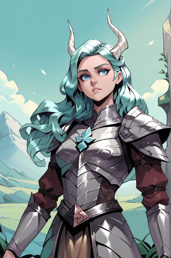 Draconiano, high, muscular,  long hair , seeds, metallic silver color ,  shimmering silver scales ,  light blue eyes ,  with simple silver medieval armor with blue details, Pose Noble,  on an icy mountain with Northern Lights in the sky . High resolution ,  masterpiece , 