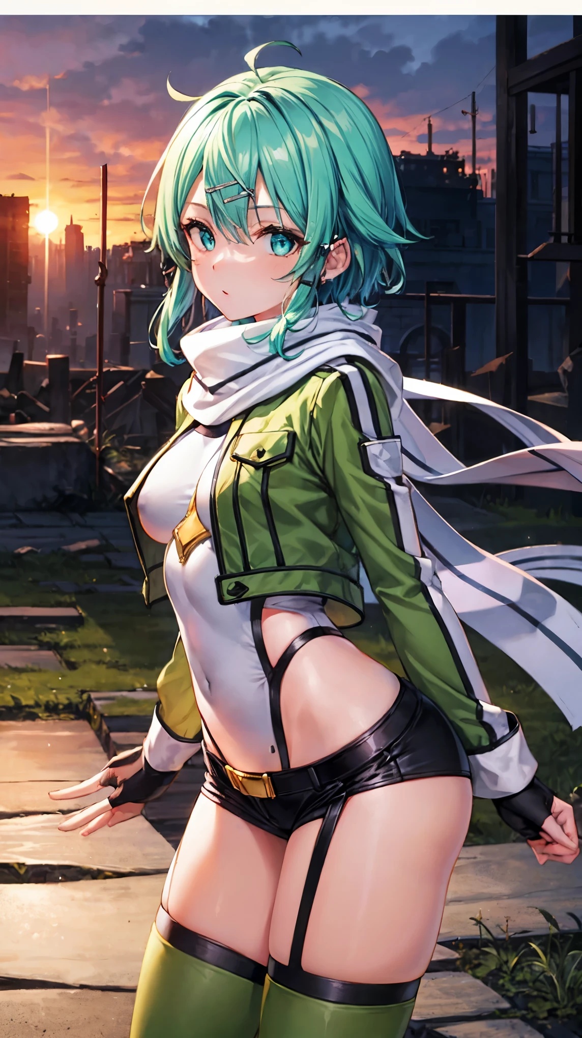 (masterpiece), best quality, expressive eyes, perfect face, highres, sinon1, scarf, fingerless gloves, long sleeves, short shorts,groin, hair ornament, hairclip, green thighhighs, green jacket,covered_nipples, thigh strap, field, sunset_ruins_landscape_background, ruined structures, dynamic_posing, looking at the viewer, (from above:1.2),covered_navel,