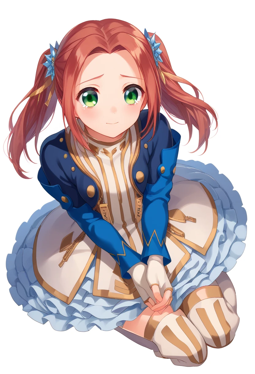 score_9, score_8_up, score_7_up, eleanor hume, green eyes, smile, twintails, short dress, red hair, hair ornament, thigh boots, cropped jacket, frills, fingerless gloves, full body, white background, lying, scared, cry, blush, cute, looking up, head up, sitting,