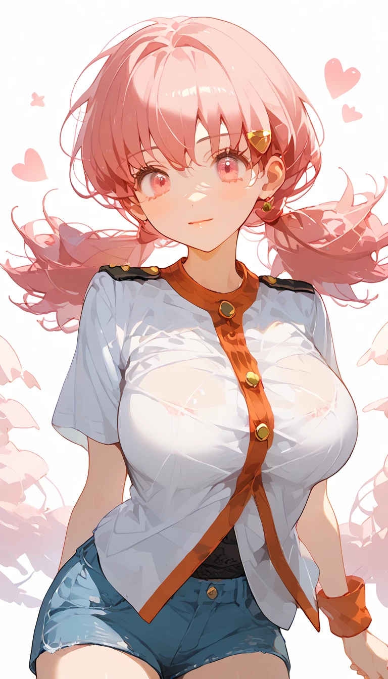 (8k,  top quality,   masterpiece  :1.3), pose, 1 girl in uniform,  very beautiful face  , random expression ,ＪＫ_ style for stilets ,(Age 19),Big Breasts,zzWhitney, pink eyes, pink hair, pigtails, hair clip, white shirt, denim shorts,