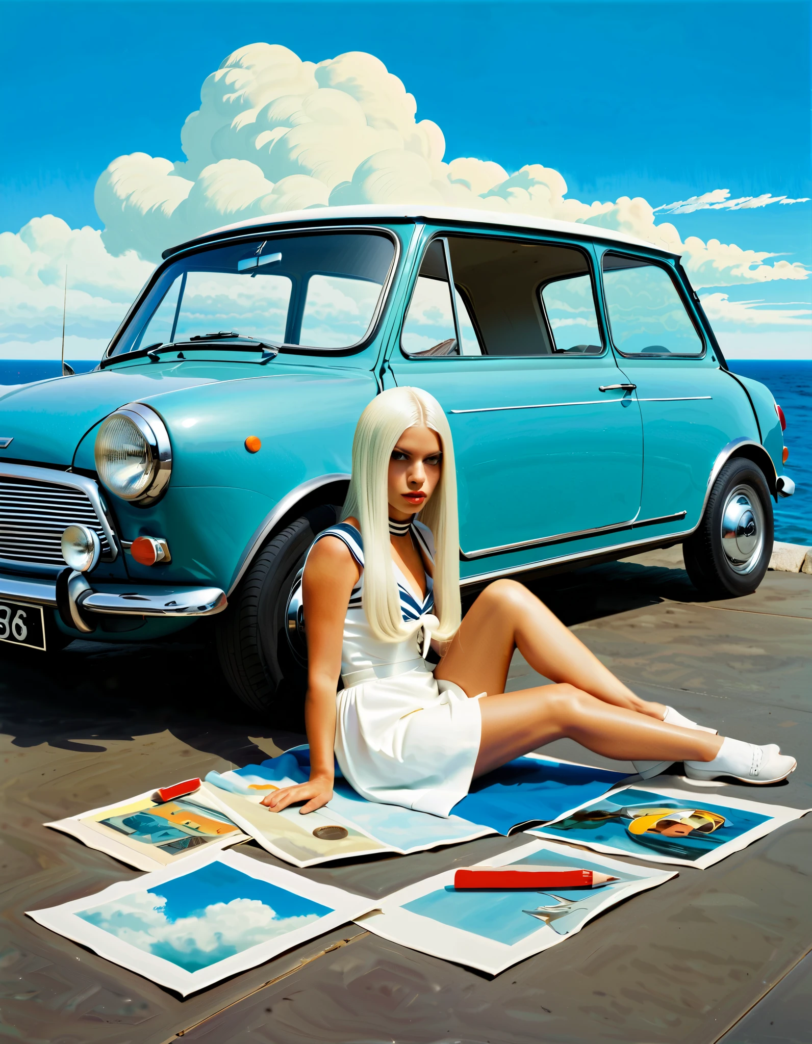 philip guston、Max Ernst, Andy Warhol 、Lady Gagal in a Beautiful Sailor Suit、 long white hair when placed on the floor 、 Reflected in Glass 、 Surrealist Paintings 、 dress,cloud, girl、１９６０Period Manga 、Japanese, 1970s fashion illustration, avant-garde painting, in front of a mini electric car, ultra-realistic painting, Dead Piggy Bank , acrylic painting
