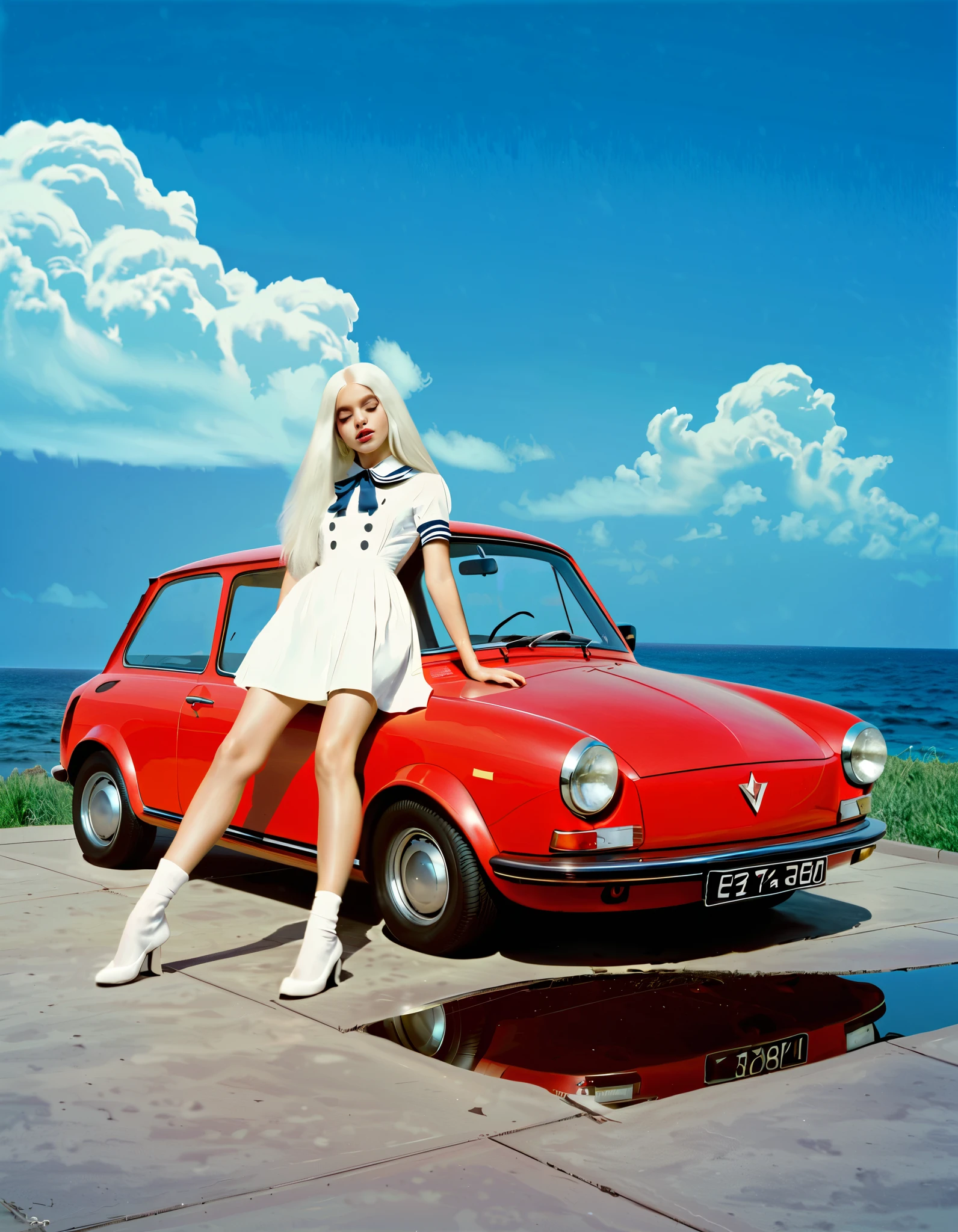 philip guston、Max Ernst, Andy Warhol 、Lady Gagal in a Beautiful Sailor Suit、 long white hair when placed on the floor 、 Reflected in Glass 、 Surrealist Paintings 、 dress,cloud, girl、１９６０Period Manga 、Japanese, 1970s fashion illustration, avant-garde painting, in front of a mini electric car, ultra-realistic painting, Dead Piggy Bank , acrylic painting
