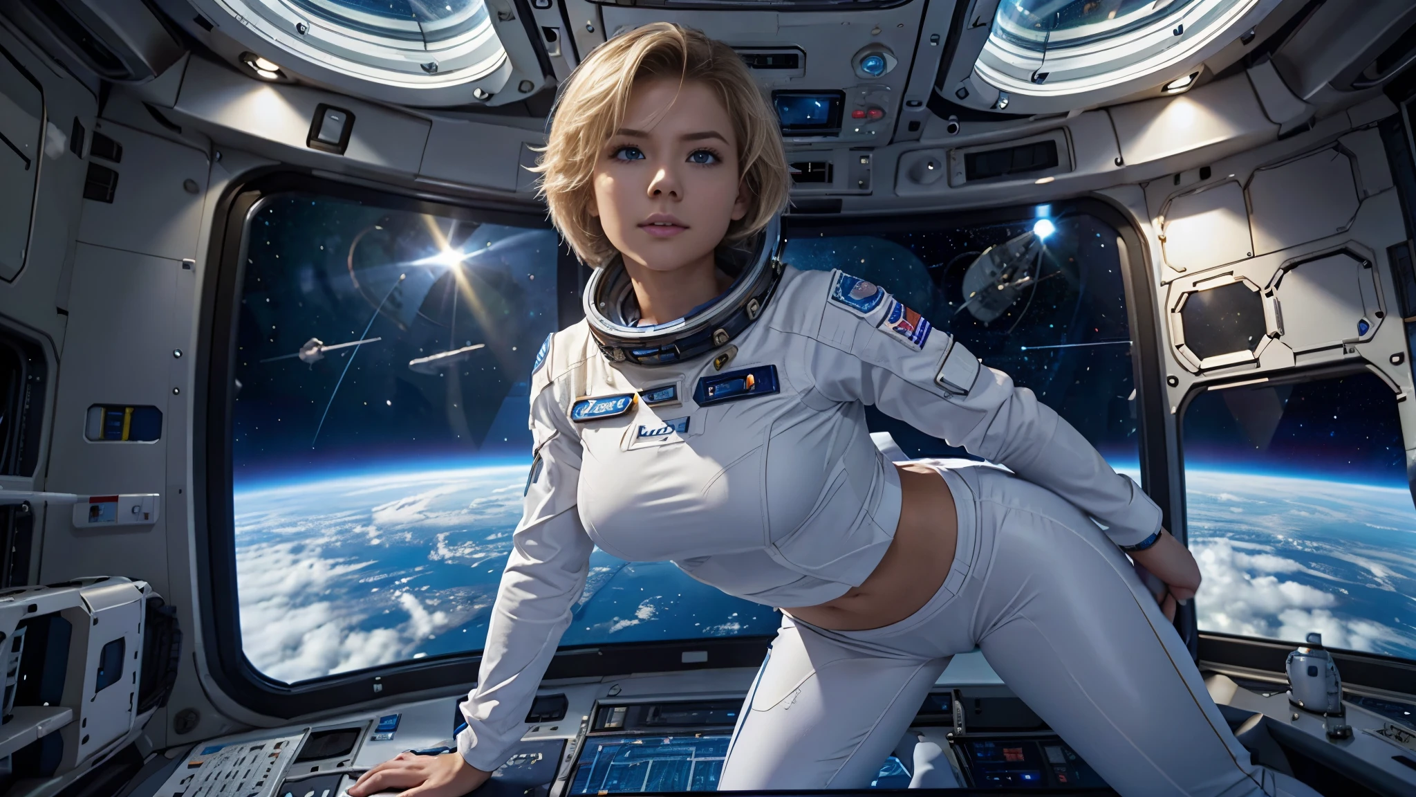( Highest Masterpiece、 top quality,、 Photorealistic、Full live-action version、Ultra-high definition images、Draw everything realistically and accurately 、 all drawn with precise and accurate details :1.3)、(Near future、Late 21st century 、 space station developed by the European Space Agency 、 extremely futuristic equipment and devices lined up 、 Many types of data are displayed on various monitor screens 、 center of the space station 、Control Room:1.4)、( A beautiful 20-year-old woman with blond short hair from Scandinavia 、 bright and good for everyone The most beautiful woman to be seen :1.2)、( of a tight spaceship based on white、 tight white long-sleeved shirt 、tight white pants、The best supple style 、 Constricted Waist 、Hourglass body shape、 European Space Agency emblem :1.4)、( female astronaut operating equipment 、 outer space visible through a round window in the back :1.3)