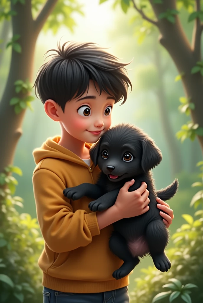 Create a boy holding a black and white dog and the boy has black hair