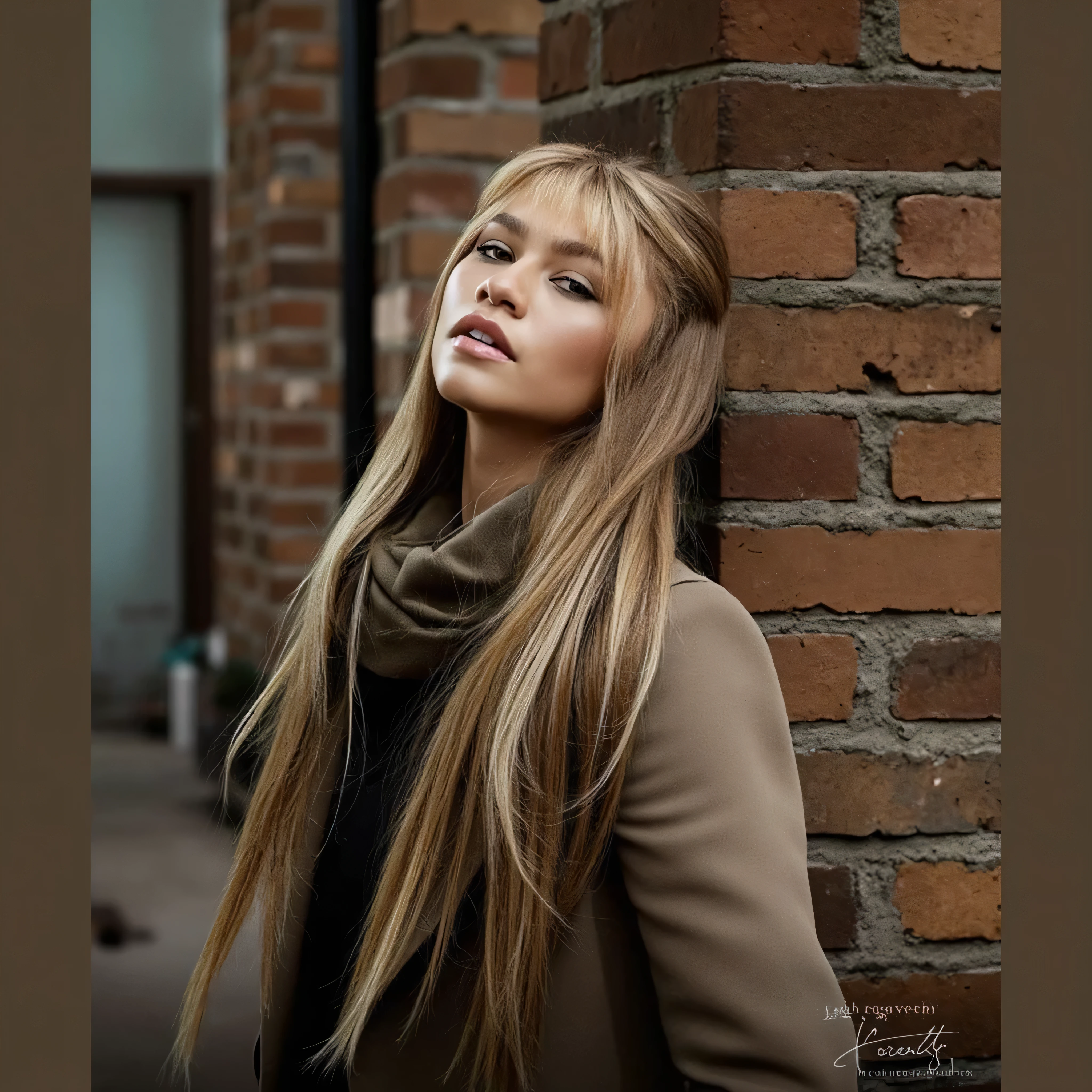 High res waist up portrait photo of a woman directly facing the camera with her hair in a high ponytail and eye-makeup featuring glittery eye-shadow and clear glossy lip-gloss. She is looking at the camera with a slight look. She is wearing a thin string-like black choker and hoop earrings. In the background is a nightclub scene out of focus.