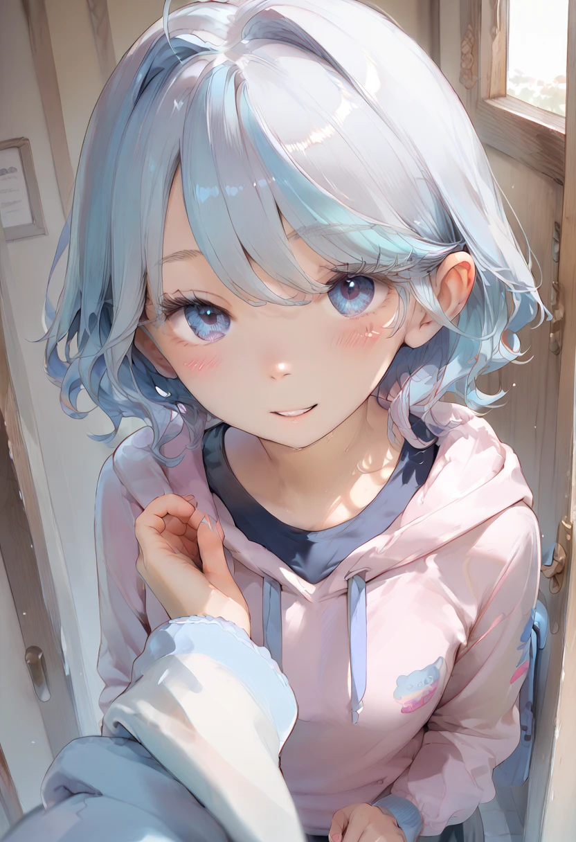 (best quality) (masterpiece) (ultra_detailed)  indoor, pov,            Furina, slim, fit, anime look, anime style, wearing bluish hoodie, indoor,                     