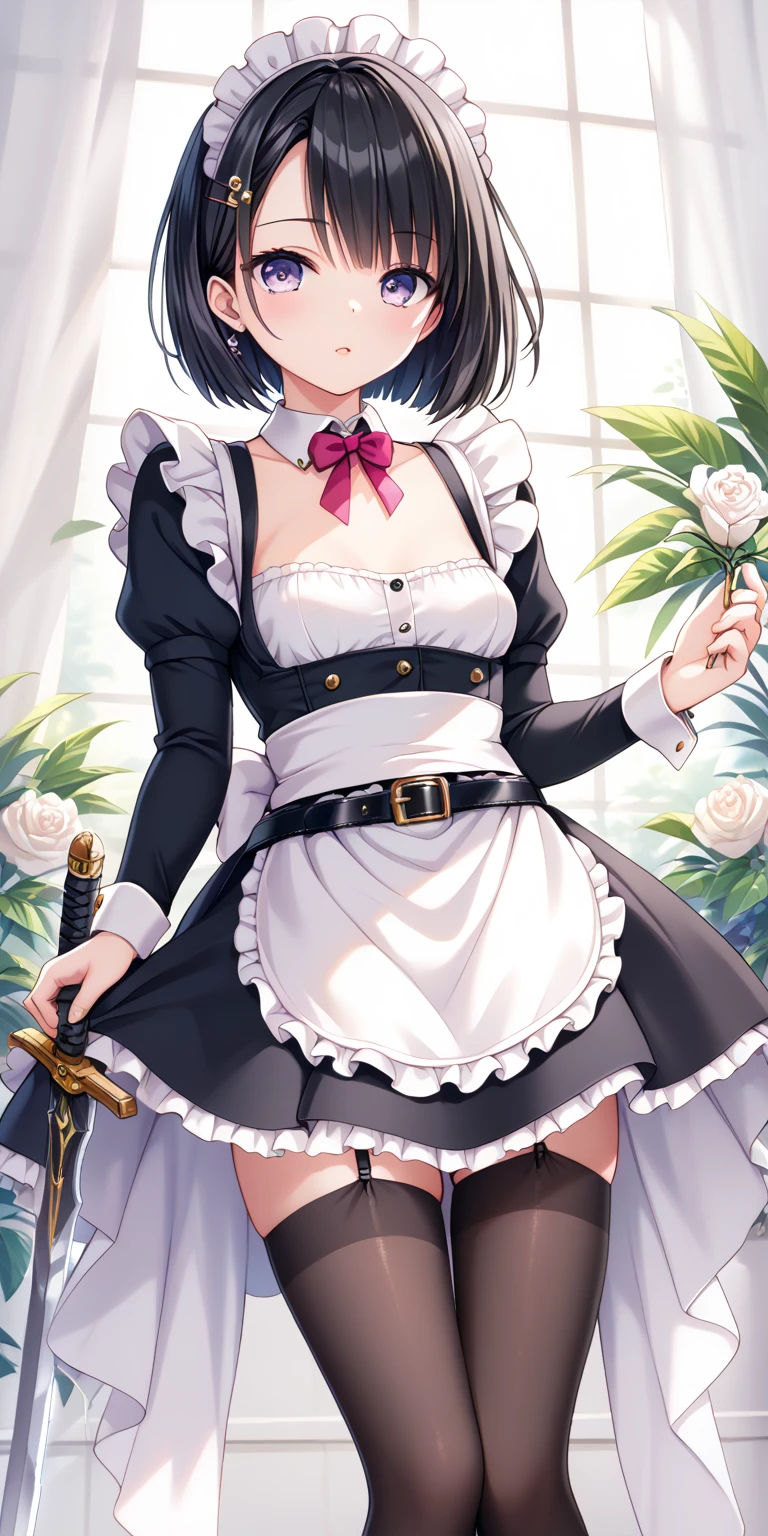  masterpiece ,  1 maid girl ,((Sword belt 1 .3, Shortswords:1.5)),(( exclusive maid clothes accented with dark blue fabric and white fabric on the collar and hem:1.4)),(( maid skirt:1.4)), Long Sleeve ,White salon apron ,(( black garter belt and black knee-high tights:1.2)),Height: 160cm, beautiful body line ,Small beautiful breasts ,(( black hair, bob cut :1.4)), cute and cool woman with light purple eyes , beautiful model standing, viewed from oblique front,((hairpin with emerald:1.3))