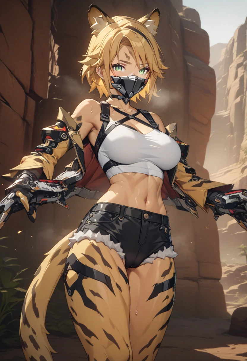 masterpiece,best quality,high resolution,8k,Ultra HD,wallpaper,illustration,perfect face,cowboy shot,beautiful detailed eyes,extremely detailed face,perfect lighting,extremely detailed CG,perfect anatomy,perfect body,perfect thick,perfect hands,perfect fingers,1woman,full body,,muscle fighter body,(blonde half up short hair),light green eyes,large breasts,medium ass,medium nipples,(white tube top),black short hot pants,clothed,,collarbone,,looking at viewer,( ),Steam,sweat, In the wilderness,(Zenless Zone Zero character Pulchra),(blonde cheetah furry female:1.1), cheetah ears,single cheetahtail from coccyx,adult, cameltoe,black mask