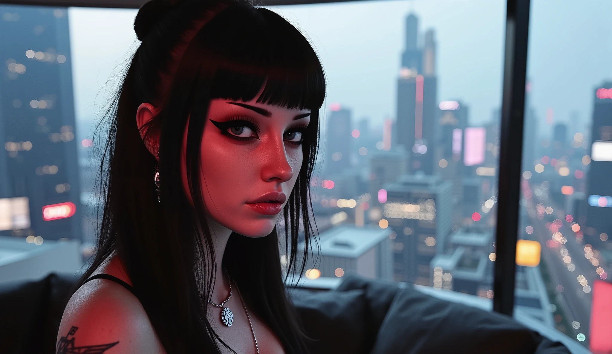 closeup photo of a breathtaking majestic beautiful Blade Runner woman in a Blade Runner cyberpunk Appartment, windows, city background with flying cars,
