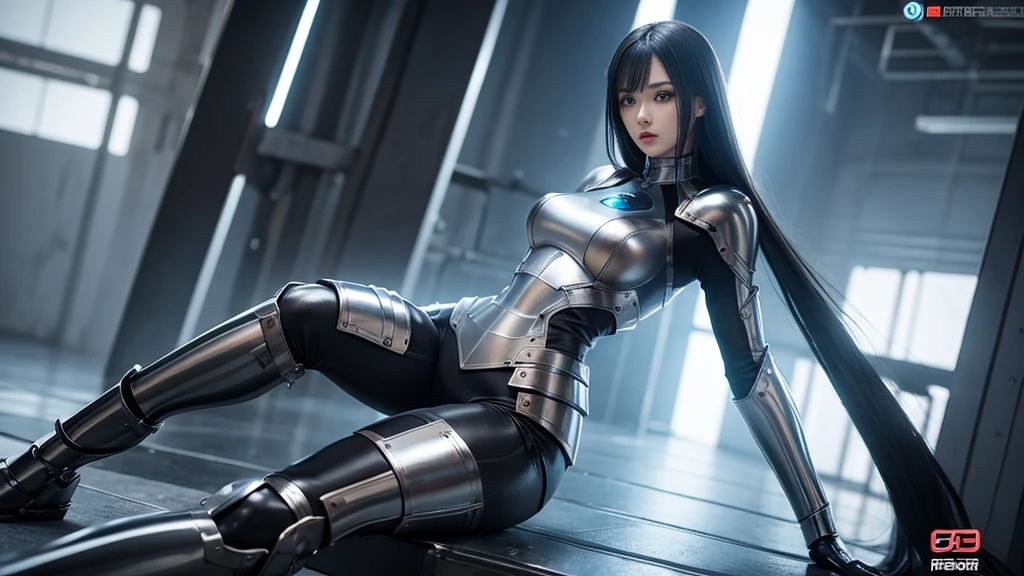 ((1 girl)), ((masterpiece)), Lovely,pretty face, blue eyes:1.2, ((black hair)), (shiny hair), nude lips, big breasts, Big , whole body, looking at the audience, masterpiece:1.5, ((Beautiful and delicate eyes)), Lovely eyes, best quality, Perfect body, shining body, (overexposure),Cinema lighting, dynamic lighting, ((Correct hand anatomy)), very high resolution, high resolution, (((Super detailed))), (extremely delicate and beautiful), (((Beautiful and delicate eyes))), depth of field, There is a woman in a white suit posing for a photo, Gothic web set, Chrome set, Dystopian sci-fi set, futuristic clothing, whole body X-Force 套装, Wear technical clothing and armor, Wearing a dark space mercenary uniform, shiny white armor, Abandoned mecha on the background, Cyberpunk Pearl Armor, cyberpunk suit, Female protagonist, Fair and translucent skin