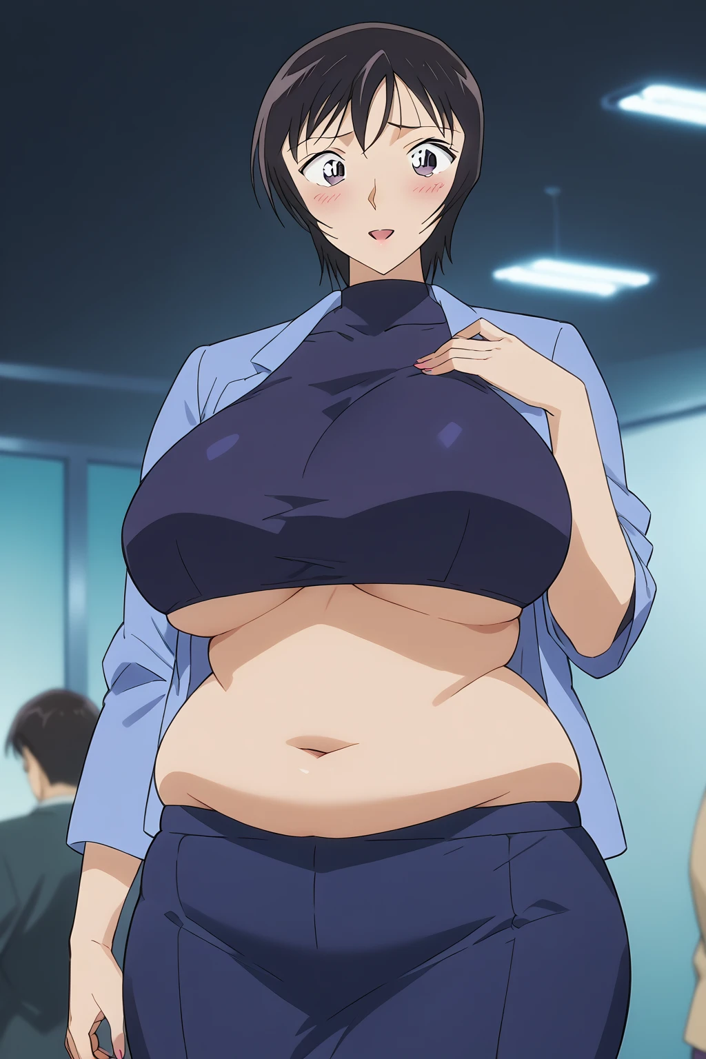 Sato Miwako, miwako satou,  Shortcut, Black Hair,  dark gray inner shirt , dark purple eyes , dull light blue jacket ,  dull light blue tight skirt,   score_9,   score_8_up,   score_7_up,   score_6_up,   score_5_up,   score_4_up,     masterpiece   ,   top quality,   very aesthetic,   absurd,   source_Anime, Anime screencap,   one woman , Alone,  personal  ,  Super huge breasts, (((Super huge クレビス, Super huge , Super huge boob))), Curvy,  chubby, Mature Woman,  obese body type, blush, Shy woman,  stomach flesh sticking out of clothes,　 sloppy stomach , 