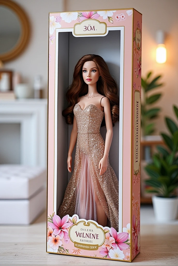 (best quality, 4k, 8k, high resolution, masterpiece: 1.2), ultra detailed, (realistic, photorealistic, photorealistic: 1.37), professional photography.A highly detailed and realistic doll box design. The box is sleek, modern, and premium, with a transparent window showcasing a beautiful, lifelike doll inside. The doll has long, flowing hair, dressed in elegant clothing with intricate details. The packaging includes soft pastel colors with gold accents, stylish typography, and delicate floral patterns. Branding and labels are professionally placed, emphasizing luxury and high-quality craftsmanship. The box is well-lit, with soft shadows and highlights to enhance its realism. Photorealistic textures and impeccable attention to detail.