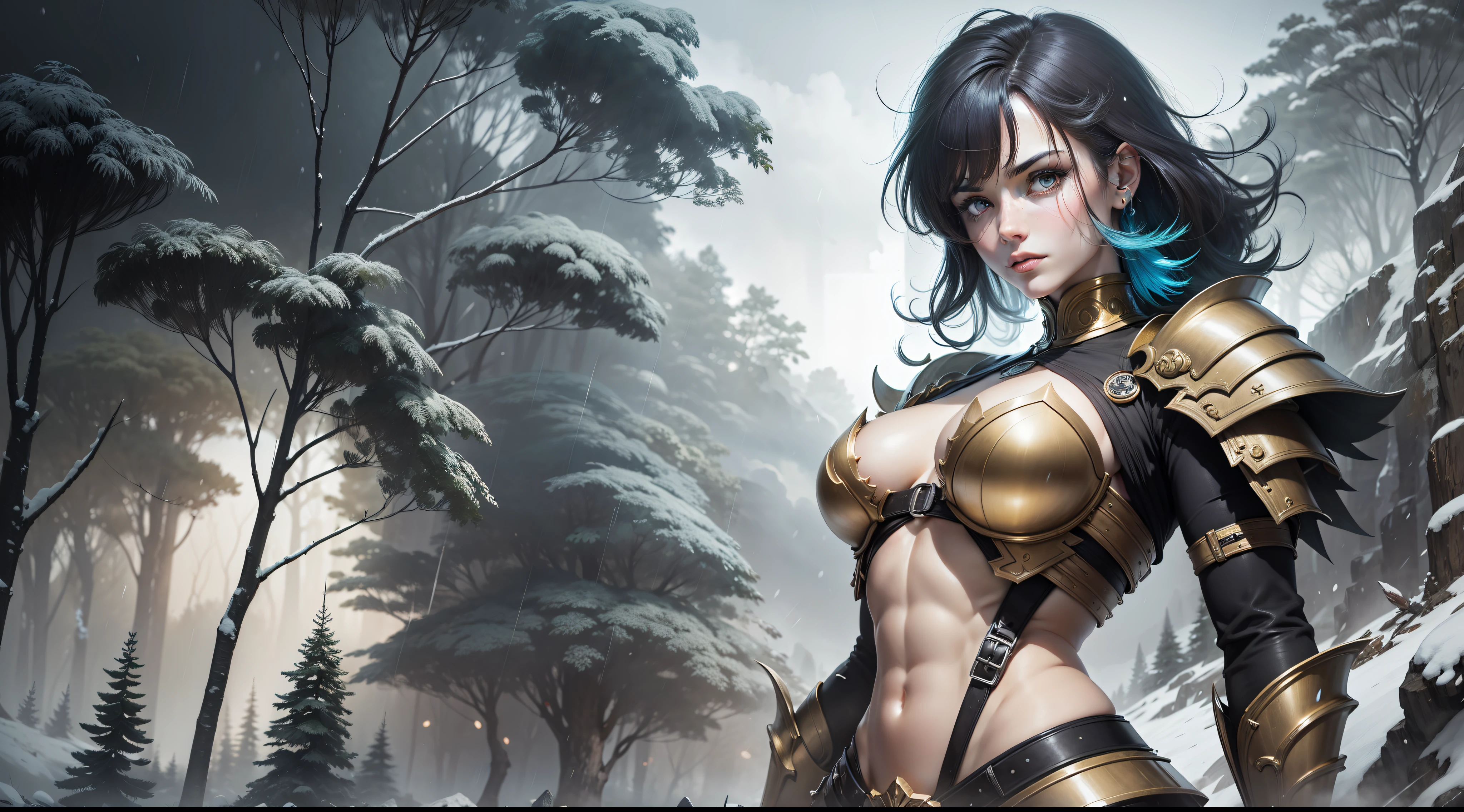 "Masterpiece artwork, best qualityer, 1 garota, full - length portrait, sensual position, blue colored eyes, multicolored hair colors + Plata: 1.3 + rot: 1.2 + purple + yellow: 1.3 + Unripe: 1.3, sculpted legs Foot displaying the armor of an incredible woman, bountiful breasts, beautiful face, with many drops of water, making the scene even more surprising, nube, Twilight, flat ass