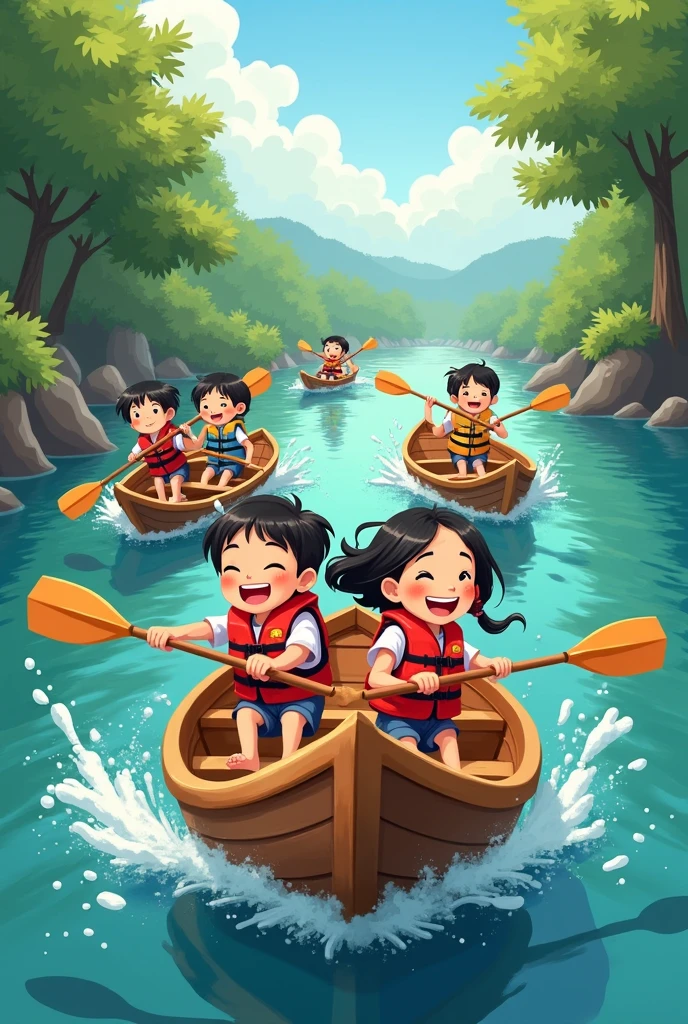 Dragon Boat Festival Poster。A super happy and cute ancient Chinese little girl,rowing,phragmites,Dragon boating,brightened light,Green and light yellow tones,Abstract picture,ultra-realistic realism,Clear background trends,clear contour light,Mottled light flat illustration,Disney style