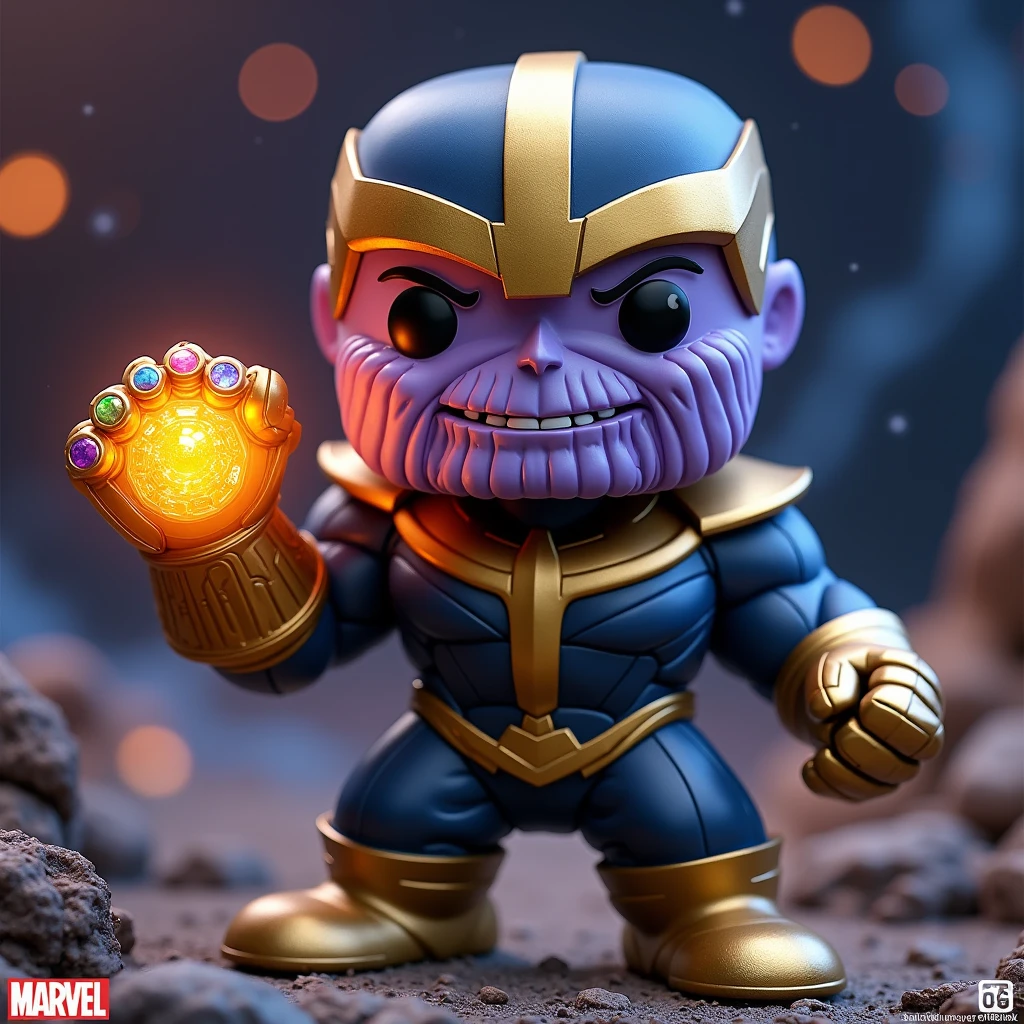 "Draw Baby Thanos wearing an oversized diaper, holding a miniaturized version of the Infinity Gauntlet while reaching out for a colorful and shiny toy."