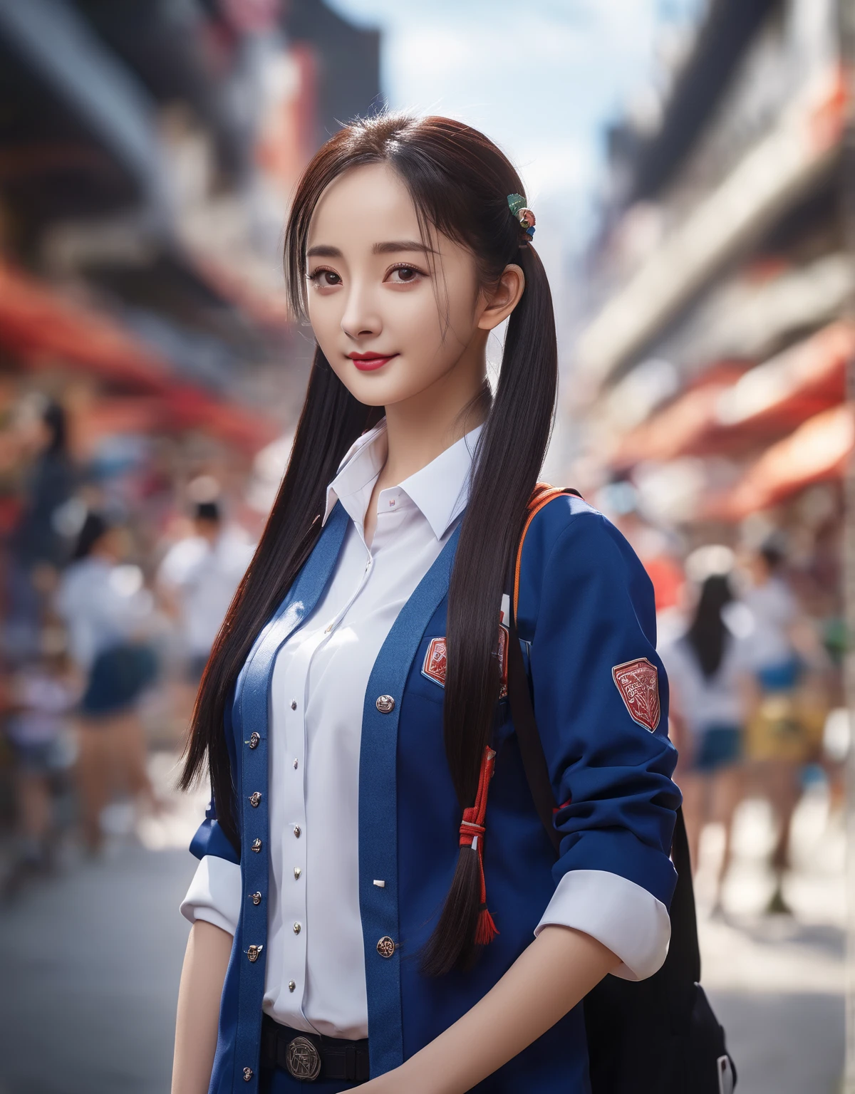 yangmi, 1 Girl,  School Uniform,  fox ears, street, outdoor,  Smile, leave_Shoulder, 
masterpiece,  are of the best quality,  actual , photo- actual ,  original photo, dynamic angle, Wide Angle,  cinematic lighting ,  Gloomy Lighting ,  studio lighting , Perfect lighting,
  extremely detailed CG unity 8k wallpaper,  is extremely exquisite and beautiful , Amazing,  fine details, leaveicial art,  ridiculous results, incredibly  ridiculous results,  huge file size,  Ultra HD,  extremely detailed,  beautiful detailed,  extremely detailed eyes and face,  beautiful and detailed eyes,