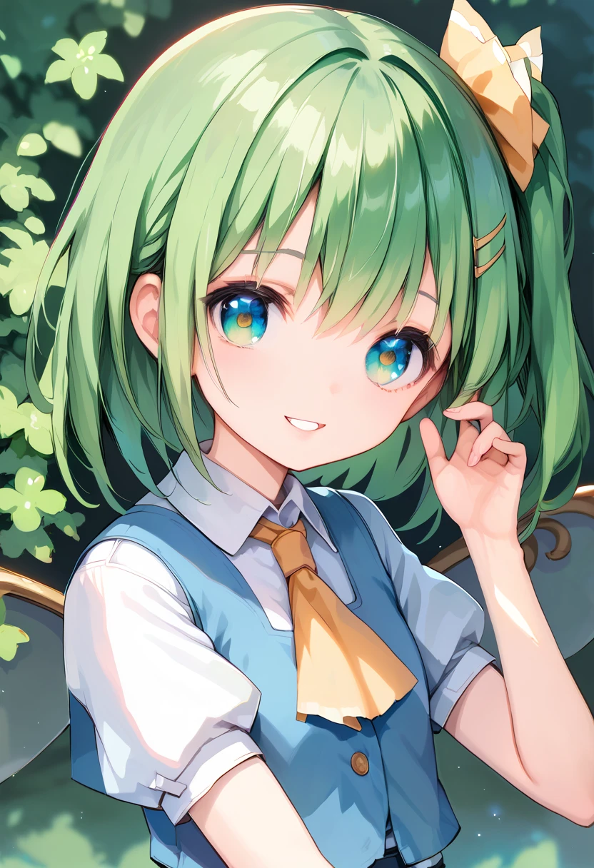 masterpiece,best quality ,ultra detailed,source_anime ,Anime style,1girl、Daiyousei,(green hair,),smile,innocent face,,(big tits)