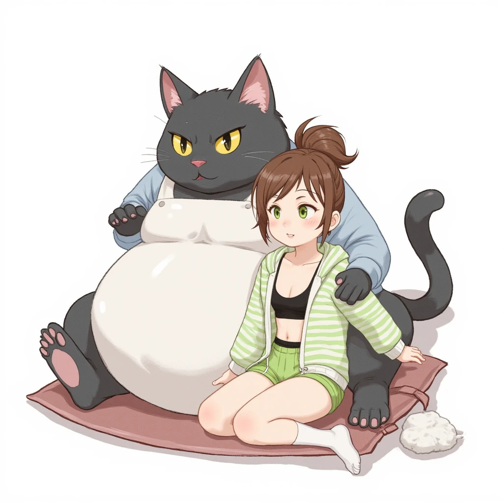 Watercolor painting illustration, full body, A big-black-cat and A cute-young-girl are sitting on cushion, A big-black-cat is 1cat\(A fat furry male black cat, wearing a white apron with long sleeves, His Ears tilted back and spread out to the sides, drooping ears, Slit yellow eyes, slit eyes, slit yellow eyes\), A cute-young-girl is 1girl\(brown hair, asymmetrical hair, updo, Lime Green eyes, A light green horizontal striped open-front hoodie over a black camisole, Light green striped shorts, White thigh high socks, wariza\), simple white background