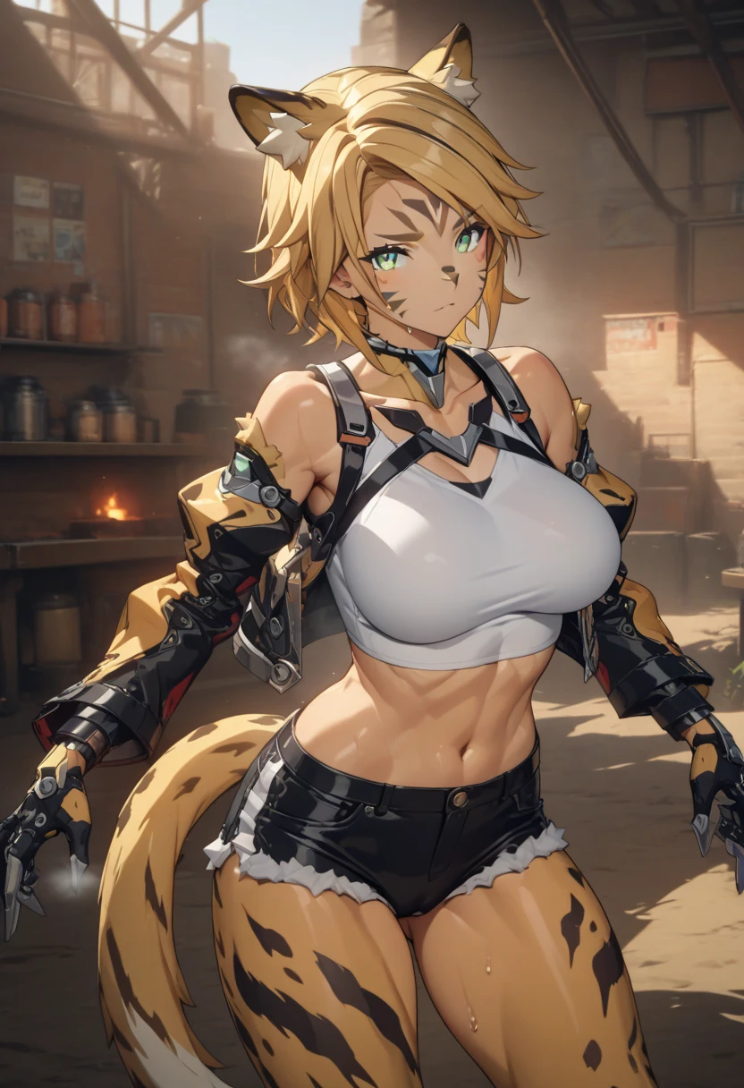 masterpiece,best quality,high resolution,8k,Ultra HD,wallpaper,illustration,perfect face,cowboy shot,beautiful detailed eyes,extremely detailed face,perfect lighting,extremely detailed CG,perfect anatomy,perfect body,perfect thick,perfect hands,perfect fingers,1woman,full body,,muscle fighter body,(blonde half up short hair),light green eyes,large breasts,medium ass,medium nipples,(white tube top),black short hot pants,clothed,,collarbone,,looking at viewer,( ),Steam,sweat, In the sea,(Zenless Zone Zero character Pulchra),(blonde cheetah furry female:1.1), cheetah ears,single cheetahtail from coccyx,adult, cameltoe, see through