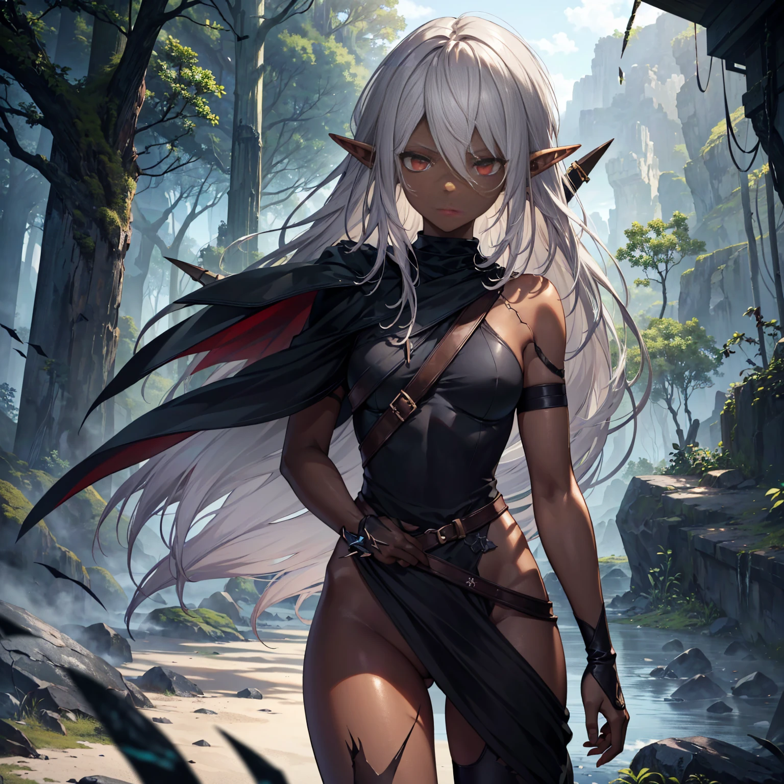 masterpiece, best quality, highly detailed, digital art, character design, full body shot, (single female elf assassin:1.4), ((dark skin tone:1.3)), (dark red eyes:1.2), ((short dark ash hair:1.3)), hair ornament, long eyelashes, (small pointy ears:1.2), lean muscular build, (delicate facial features:1.2), (serious expression:1.2), (lightweight dark outfit:1.3), short sleeves, fingerless gloves, arm bracers, earthy color palette, nature inspired details, (subtle glow from skin:1.1), (fractured/crystalline textures:1.3), outdoor forest scenery, scattered dead leaves, dramatic lighting, (throwing knives:1.2), (kunai shuriken:1.2), (throwing needles:1.2), perfect human anatomy, symmetrical body, well-proportioned limbs