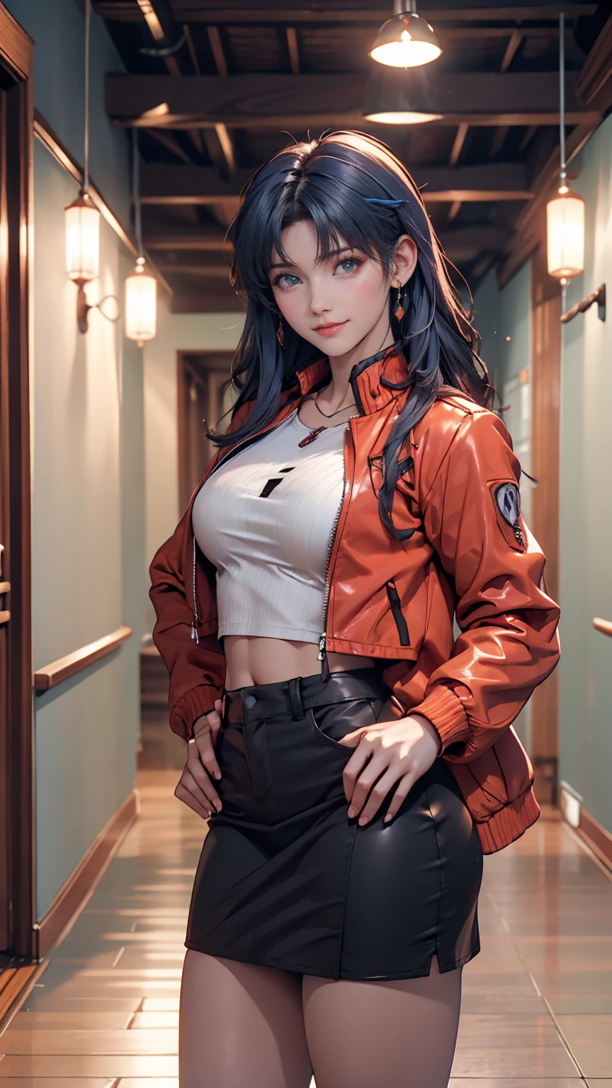 Misato Katsuragi (Misato Katsuragi)  - Neon Genesis Evangelion ( Neon Genesis Evangelion ) - COMMISSION、 24 year old female、 blue hair、 long hair、 Black High Neck Top 、 Red Midriff Length Jacket、 Black Tight Skirt 、Stiletto heels、Nerf Headquarters Hallway 、smile、 place your hands on your hips