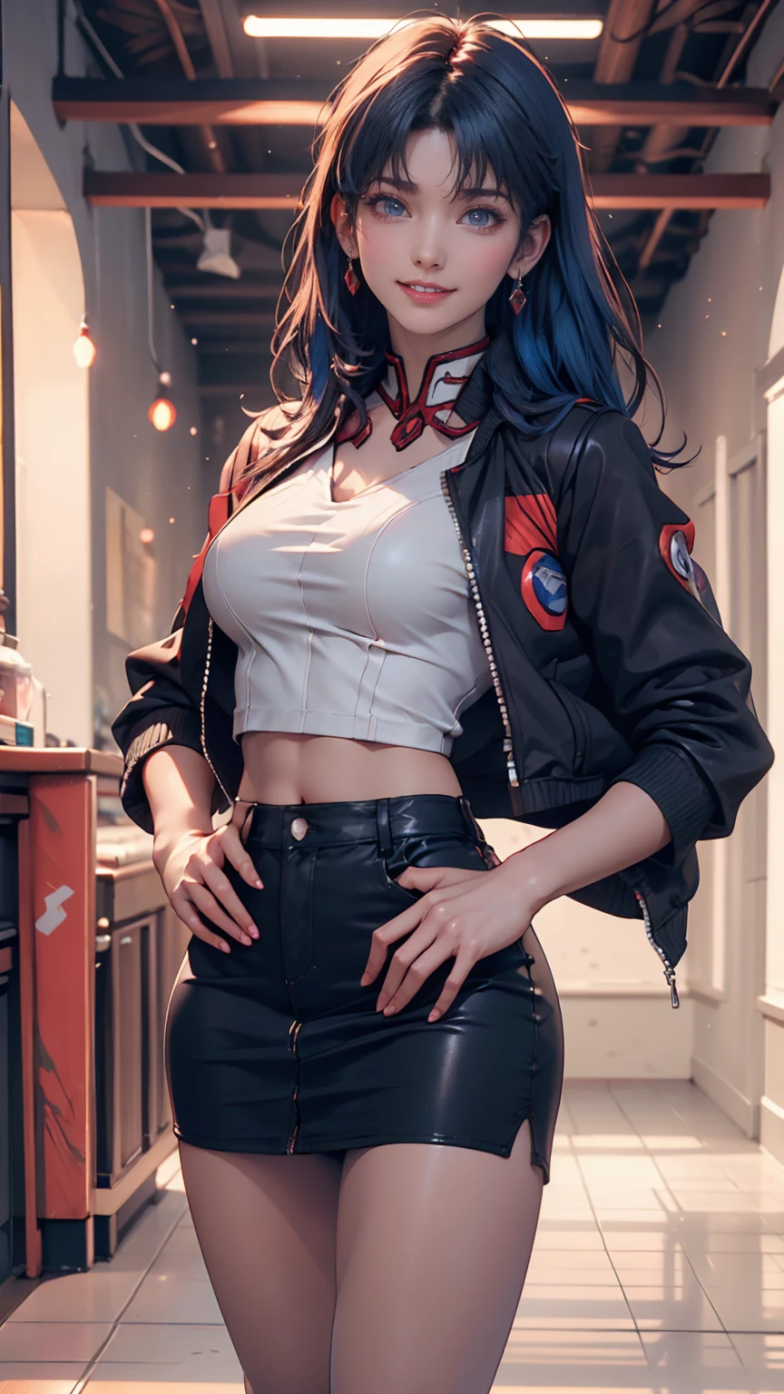 Misato Katsuragi (Misato Katsuragi)  - Neon Genesis Evangelion ( Neon Genesis Evangelion ) - COMMISSION、 24 year old female、 blue hair、 long hair、 Black High Neck Top 、 Red Midriff Length Jacket、 Black Tight Skirt 、Stiletto heels、Nerf Headquarters Hallway 、smile、 place your hands on your hips