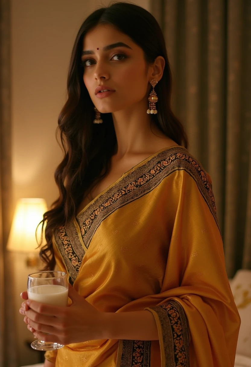 Bhagya in golden saree, half drape saree, massive deep cleavage, midriff navel, intricately designed black border for her golden saree, stylish name tattoo as ' bhagi' on her hand , on hand holds milk glass, she stands in bedroom for her first night with her husband, her beautiful face, hyper realistic hyper detailed 4k, little  blur lighting background, best lips, seductive eyes, drowsy sexy eyes, looking at viewer, stands in sexy pose, inviting bedroom atmosphere,