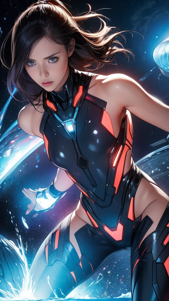 (RAW Photos, Highest quality), (Realistic, Realistic:1.3), 1 Girl、Realisticbody、naked body、girl fallenfrom space、Fighting the aliens、Laser reflection diffusion、Small Shield、Planetary explosion、nude body, medium breast, 