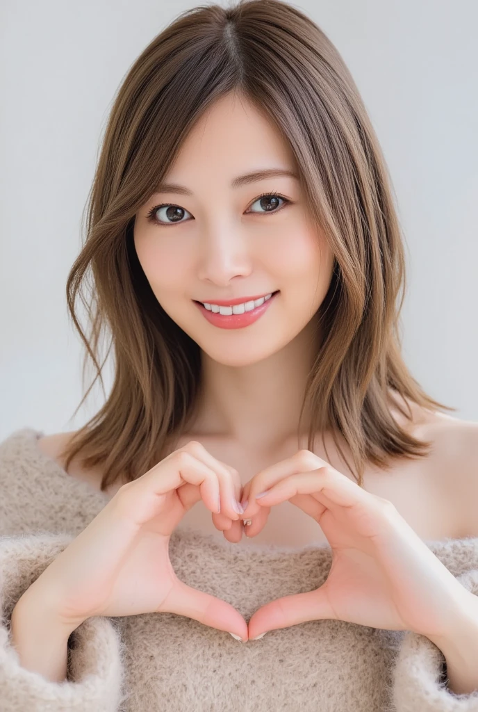  only one woman with a cute smile is cute,  fluffy off-shoulder pajamas ,  make a big heart with both hands , Hold it in front of your chest , View above the collarbone、  background is monotone  

