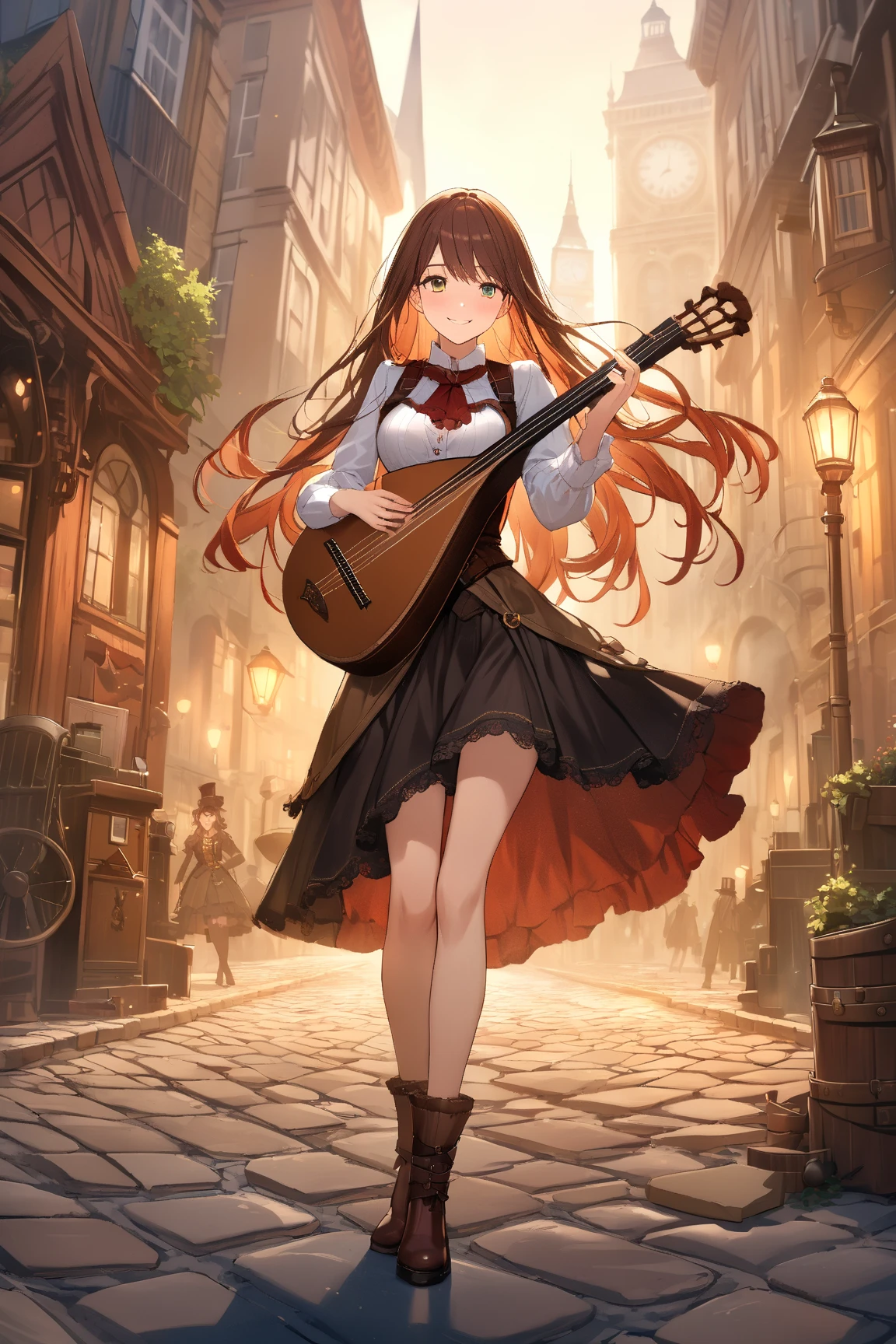 1 girl, (beautiful face), 19 years old, (long hair:1.2), (wearing steampunk bard outfit), knee length skirt, (intricate details), medium breasts, (playful smile), BREAK  
Victorian city, clock tower, cobblestone street, (playing lute:1.2), (surrounded by gears and steam), outdoors, BREAK  
(warm lighting, dramatic shadows), whimsical atmosphere, character focus, game cg, BREAK  
absurdres, highres, ultra detailed, beautiful, masterpiece, best quality,
