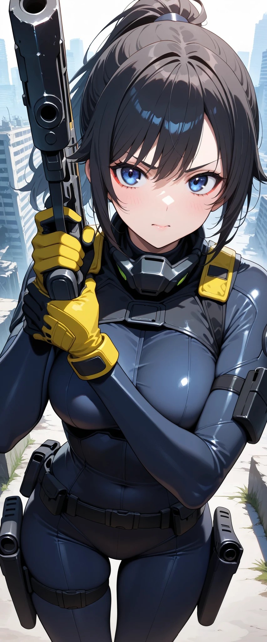  one woman,  Future female SWAT team members  ,(  grab a gun and aim here :1.6),( Gun barrel closeup  :1.6),  very fitted black tactical bodysuit , tactical headset, tactical holster ,Tactical Gloves ,break(Serious), ponytail, black hair,  beautiful face,   beautiful eyes ,   beautiful eyes , very detailed face ,  beautiful body,The ruins of a futuristic city are in the background  ,  Cyberpunk,Beautiful female arms, detailed hands ,( Dynamic:1.6)