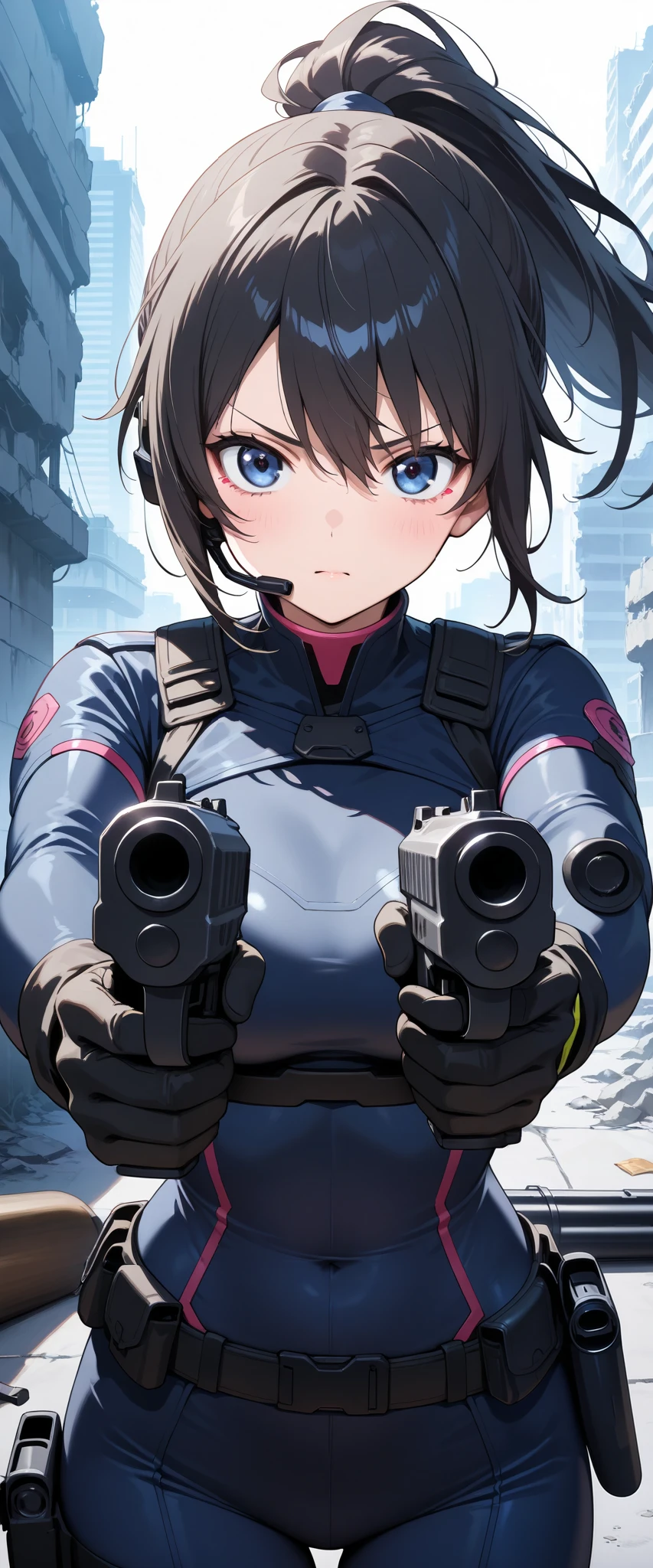  one woman,  Future female SWAT team members  ,(  grab a gun and aim here :1.6),( Gun barrel closeup  :1.6),  very fitted black tactical bodysuit , tactical headset, tactical holster ,Tactical Gloves ,break(Serious), ponytail, black hair,  beautiful face,   beautiful eyes ,   beautiful eyes , very detailed face ,  beautiful body,The ruins of a futuristic city are in the background  ,  Cyberpunk,Beautiful female arms, detailed hands ,( Dynamic:1.6)