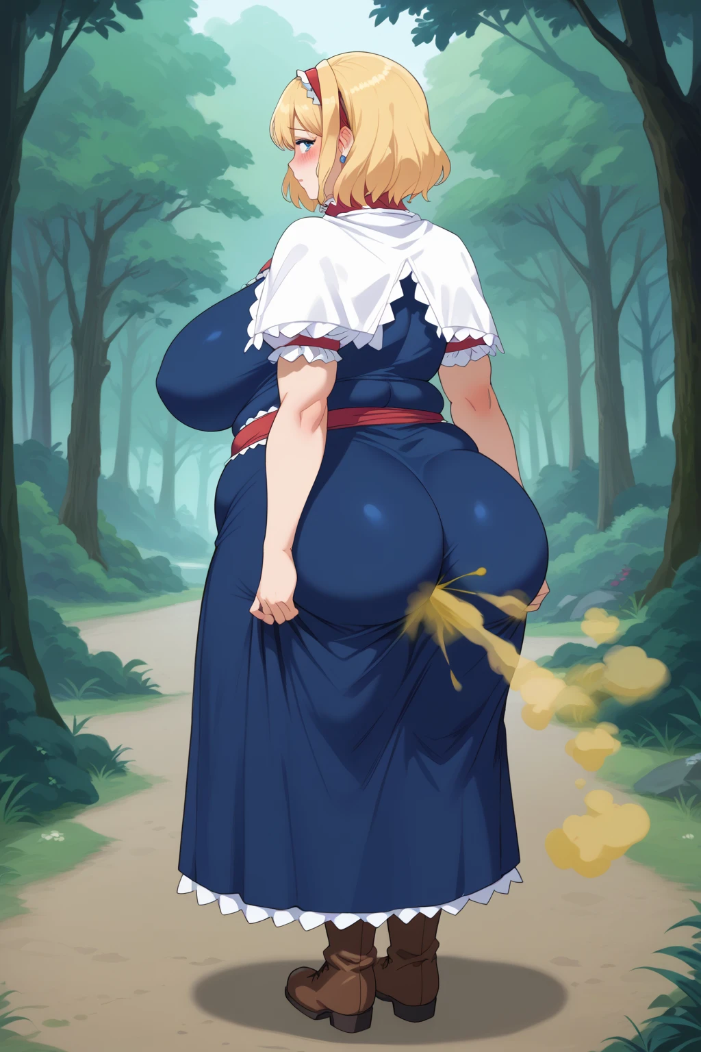  Alice Margatroyd, alice margatroid,  medium hair up to buttocks,  blonde hair ,  blue eyes, , Red Hair Band , Frilled Headband ,
 white capelets , Blue Dress ,  Blue Long Skirt , ruffle dress,  puff sleeve ,   boots,  Brown Footwear,  score_9,   score_8_up,   score_7_up,   score_6_up,   score_5_up,   score_4_up,     masterpiece   ,   top quality,   very aesthetic,   absurd,   source_Anime, Anime screencap,   one woman , Alone,  personal  , Curvy,  chubby, Mature Woman,  obese body type, blush, Shy woman,  I'm in the dark woods, Road in the dark woods ,  in a creepy forest , huge breasts and ass , Enlarged breasts,  saggy stomach , fart, fart, Woman with a fart 