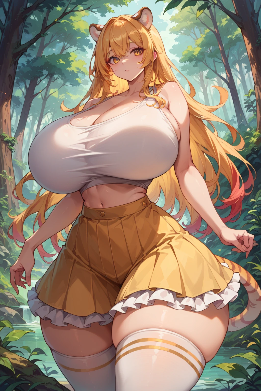 tiger colored hair, long hair, tiger ears, golden eyes, light tan, cute, (gigantic breasts, gigantic thighs, extremely wide hips, curvy, slim waist), white cropped tank top, white frilled skirt, thighhighs, forest, nature