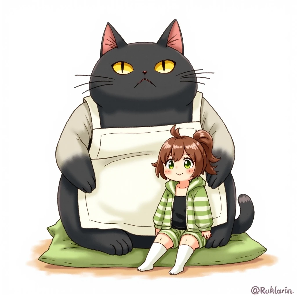 Watercolor painting illustration, full body, A big-black-cat and A cute-young-girl are sitting on cushion, A big-black-cat is 1cat\(A fat furry male black cat, wearing a white apron with long sleeves, His Ears tilted back and spread out to the sides, drooping ears, Slit yellow eyes, slit eyes, slit yellow eyes\), A cute-young-girl is 1girl\(brown hair, asymmetrical hair, updo, Lime Green eyes, A light green horizontal striped open-front hoodie over a black camisole, Light green striped shorts, White thigh high socks, wariza\), simple white background