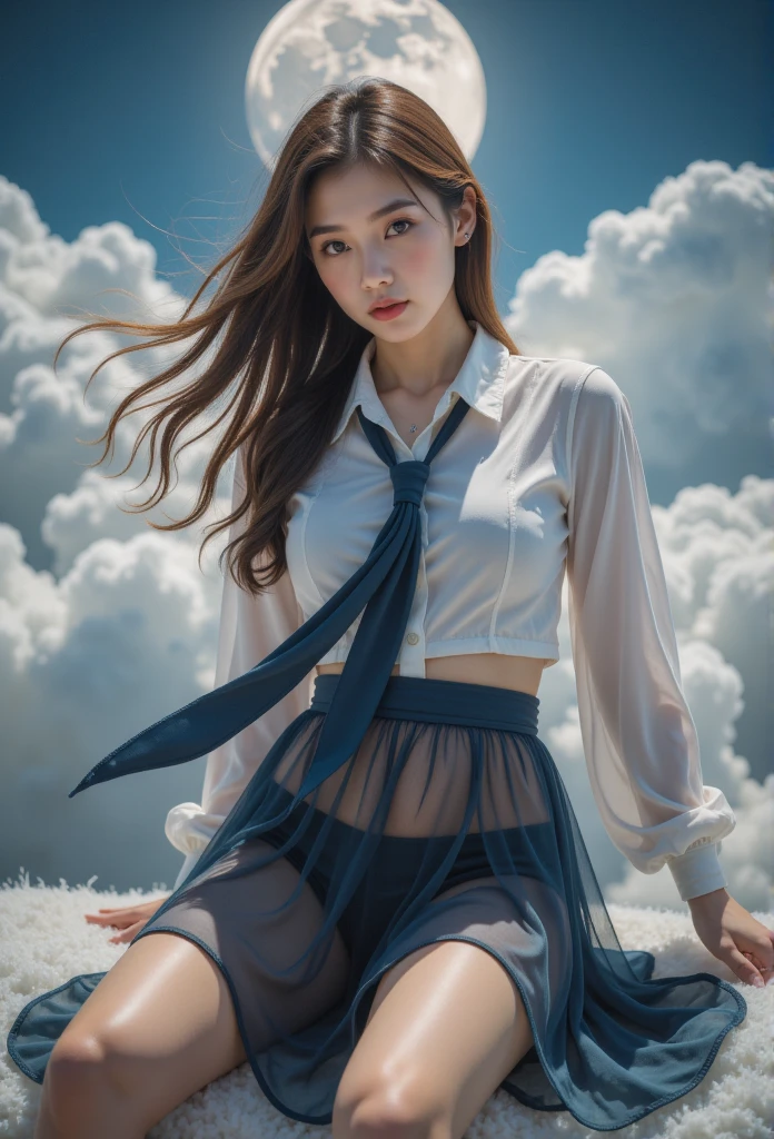   1 girl,  halftone background  ,   above the clouds refract spikes   ,Above the clouds  ,new moon,     HD photo in a cute mini size   ,    atmospheric perspective, 8K,    very detailed   , Precise,    are of the best quality , 
   1 girl, , Chest,    and watch the audience , ( looking at the audience ,:1.5),  
      brown hair      ,     Brown Eyes , parted Lips, underwear, , (Japanese school uniforms), 
 (   Fully transparent dark blue dress  ), (   sitting in a seat   :1.5), No underwear, , parted Lips, 
 Lips, (Flesh-colored skirt),    cowboy shooting  ,  (((  spread legs  , Arms Crossed))), showing sexy White :1.5), Practical ,
(White, shirt, tie),
(Tang&#39;  Show your upper body   :1.5),
(   to show your body above the clouds  :1.5) , (From below, look up:1.5), ((Japanese Girls, Shortwave   ))