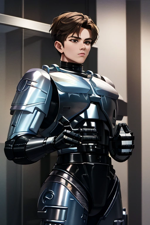 High-quality, alleyway, charming young Japanese, RoboCop cosplay, weak-looking RoboCop, 18 years old, a handsome and cool high school student with a shiny biker suit, and is restrained by RoboCop, trembling RoboCop.