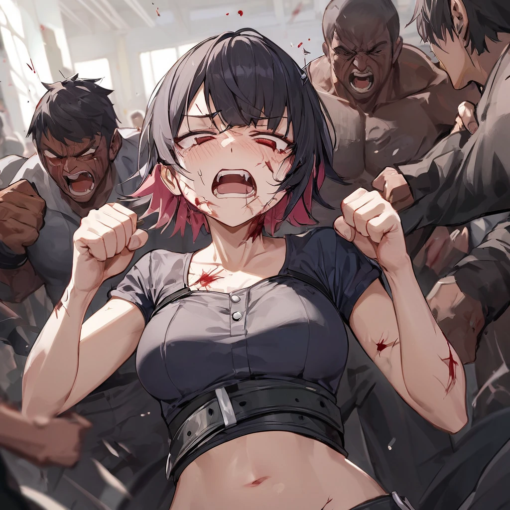 Ellen Joe is being beaten by countless men。 Countless men punch her with their fists。She's full of wounds 。She grimaces in pain。Punch her in the stomach 。punch her in the face 。 it hurts。